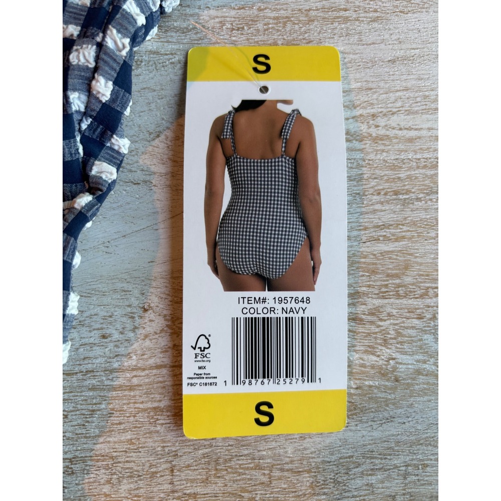 NWT Size Small Ellen Tracy One Piece Swimsuit Navy Gingham Ruched Halter - Picture 4 of 5
